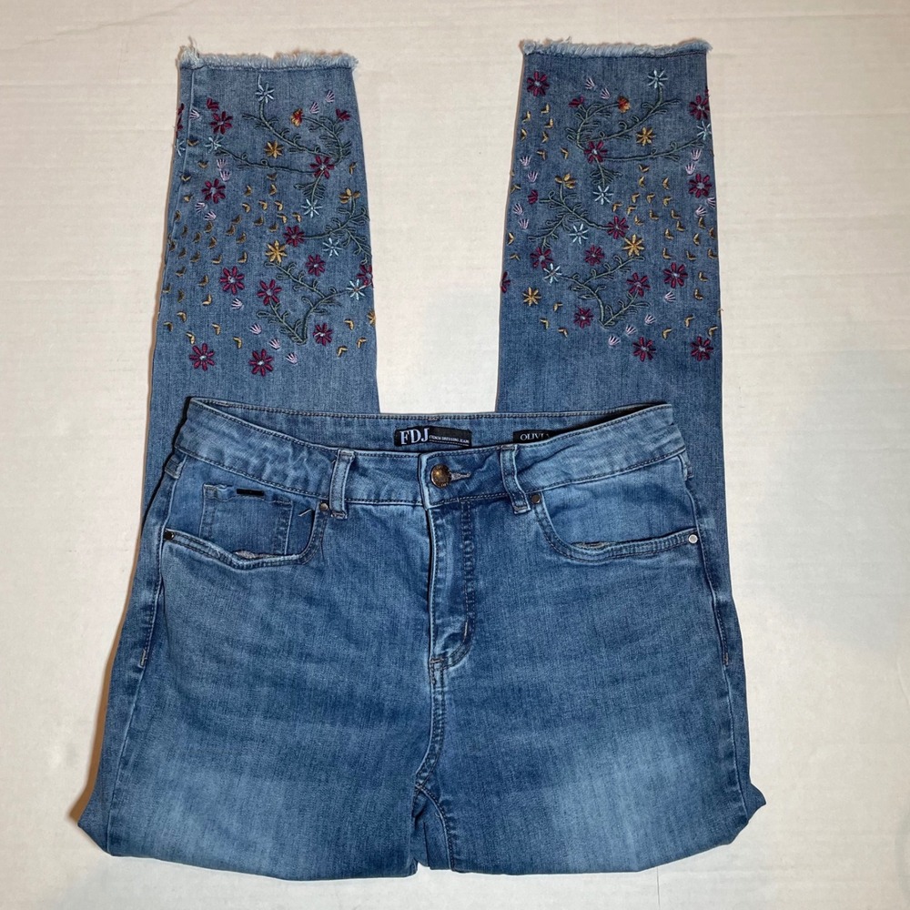 FDJ French Dressing Jeans Olivia Embroidered‎ Frayed Hem Denim Pants Women's 6